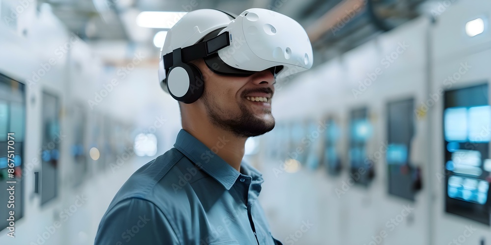 Poster engineer uses vr headset to simulate factorys electrical network for maintenance. concept virtual re