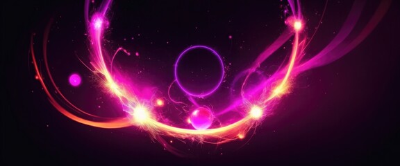 Circle and loop frames with magic Brown and pink flame and sparks on dark background, Abstract neon energy sphere of particles and waves of magical glowing on a dark background