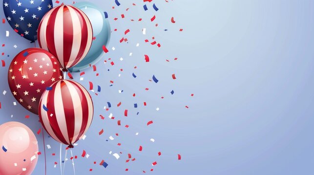 The image showcases a bunch of red and white striped balloons with additional red, white, and blue balloons in the background, highlighted by swirling star confetti on light blue backdrop.