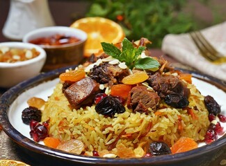 Azerbaijani pilaf with meat and dried fruits on a serving platter. closeup