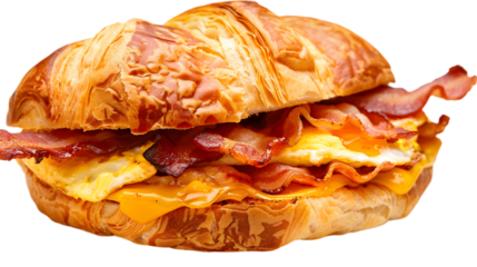  A close-up of a freshly made bacon, egg, and cheese croissant sandwich, each layer distinct and appetizing, on a transparent background
