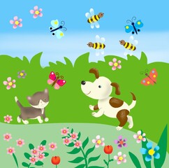 Obraz premium Cartoon puppy and kitten in a clearing