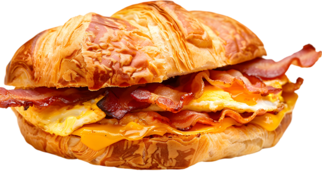  A close-up of a freshly made bacon, egg, and cheese croissant sandwich, each layer distinct and appetizing, on a transparent background