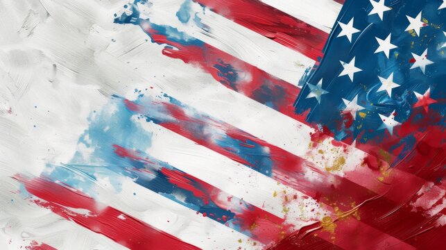 This image depicts an abstract representation of the American flag using dynamic brush strokes, creating a vibrant, energetic, and modern artistic interpretation.
