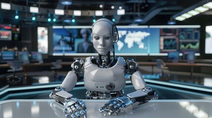 Humanoid robot with a white, metallic body seated at a news desk. In the background, there's a modern newsroom with multiple screens displaying various information, including a world map