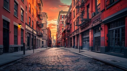 Obraz premium Urban Alleyway at Sunset: Red Brick Buildings, Empty Street, Fire Escape