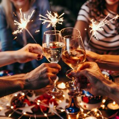 A group of friends toasting with sparklers, celebrating with joy and unity, captured in a warm and festive atmosphere, perfect for joyful gatherings and national celebrations.