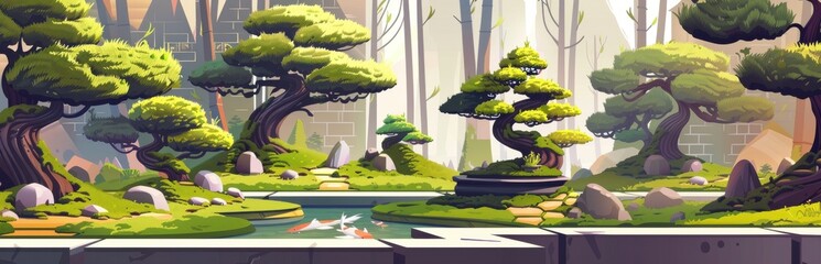 Serene Japanese Garden with Bonsai Trees and Koi Pond. Tranquil Nature Scene
