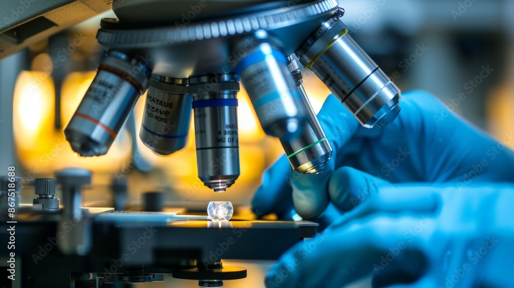 Poster scientist examining microscopic sample in lab
