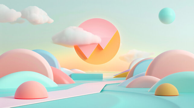 A Memphis dreamscape with a floating stand: A soft pastel sky with fluffy clouds. Below, rolling hills and a winding river are bathed in the light of a large, geometric sun rendered in bold neon