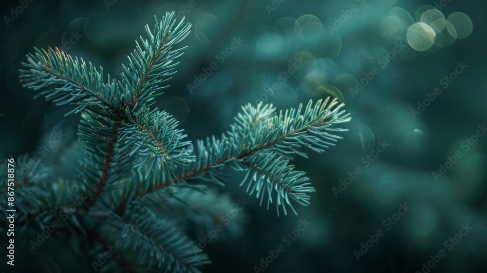 Poster blurred evergreen branch with soft focus background