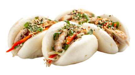  A close-up of freshly steamed pork, chicken, and veggie bao buns, isolated on a transparent background 