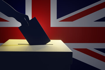 Silhouette of a hand holding a vote putting in a ballot box in front of the national flag Union Jack of UK. Illustration of the concept of the United Kingdom general election