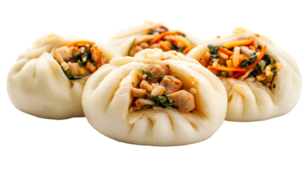  A close-up of freshly steamed pork, chicken, and veggie bao buns, isolated on a transparent background 