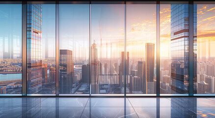 Fototapeta premium Modern office space with floor-to-ceiling windows offering a stunning sunset view over a cityscape of skyscrapers and buildings. 