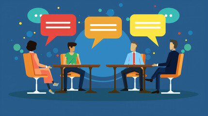 Four figures sit around a table, engaging in conversation. Three speech bubbles above them suggest an animated discussion, with abstract shapes floating around.