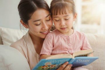 Portrait of happy Asian woman and a child are sitting on a couch reading a book together. The book is open to a page with a picture of a flower