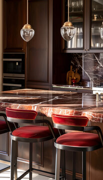 Modern Sophistication: Rosso Levanto Marble Kitchen - Large Island and Backsplash, Natural Lighting - Perfect for Contemporary Homes