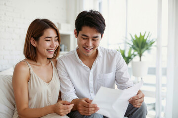 Happy Asian couple is sitting on a couch, with a man holding a document and reading a good news of...