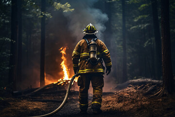 Naklejka premium Firefighters are holding fire hoses to extinguish forest fires, back view