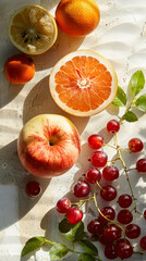 Realistic photo of tropical and winter fruits displayed in colorful and fresh aesthetics.