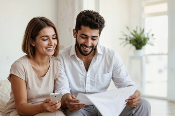 Arab man and woman are sitting together and reading good news at document at home