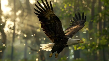 Obraz premium A bald eagle gracefully glides through a forest with rays of sunlight filtering through the trees, highlighting the bird's detailed feathers and sharp eyes.