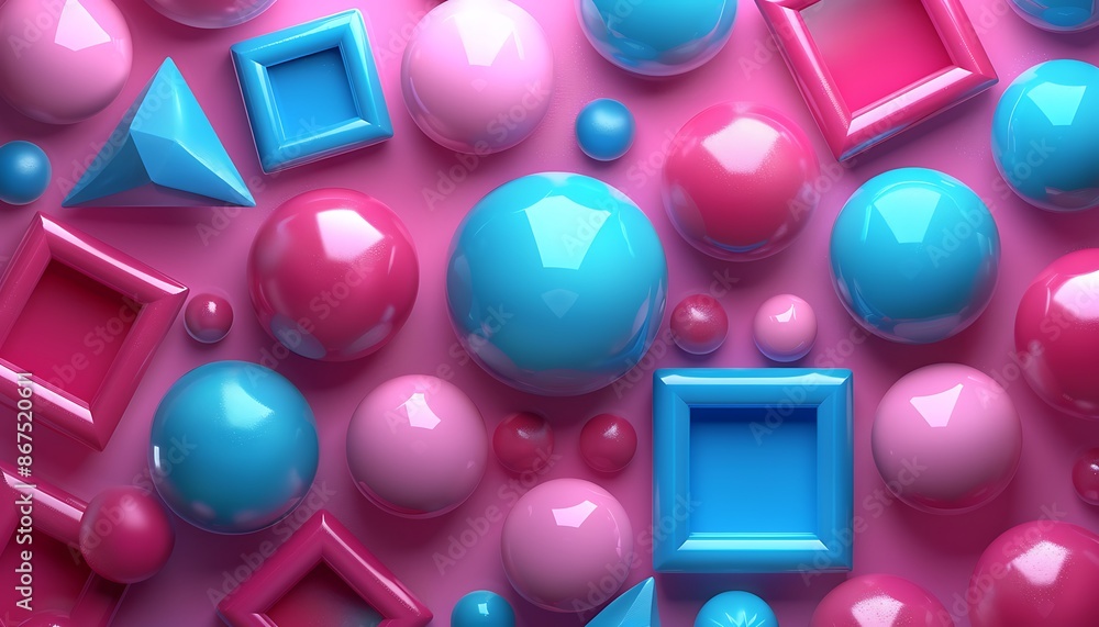 Sticker 3d render, abstract background with pink and blue geometric shapes.