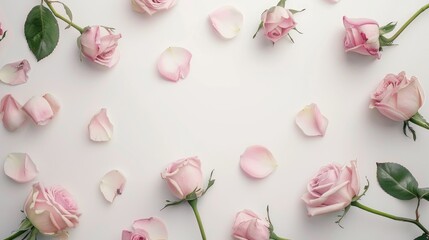 Pale pink roses on white background with copy space Top view holiday theme