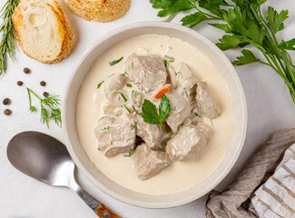  Traditional French Dish Blanquette de Veau - Veal Stew in Cream Sauce. Concept French cuisine