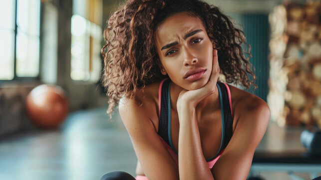 A woman in workout attire rests her chin on her hand, with a pensive and slightly concerned expression. The gym background is softly blurred.