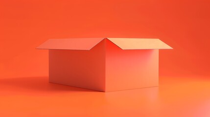 Blank large cardboard box on a vivid orange background, flat and minimalistic design.