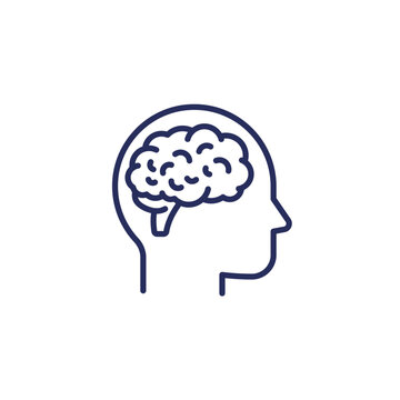 recommend clip art: Neurology line icon on white, brain and human head