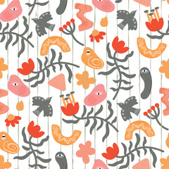 Obraz premium Folk abstract seamless pattern.Grunge shapes with ornament,floral elements and flying birds.White background with gray line.Vector design for printing on fabric and paper.Endless wallpaper,cover.