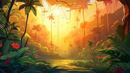 Lush Jungle Landscape with Palm Trees, River, and Golden Sunset. Tropical Rainforest Background.