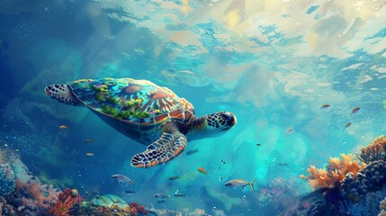 Fototapeta premium Imagen vibrante de tortuga marina nadando en colorido arrecife de coral, con peces y anémonas, destacando la belleza exótica y biodiversidad del hábitat oceánico.