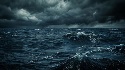 An evocative seascape showcasing the dark ocean swelling ominously under a sky heavy with storm clouds, encapsulating the somber and unpredictable mood of the natural world.