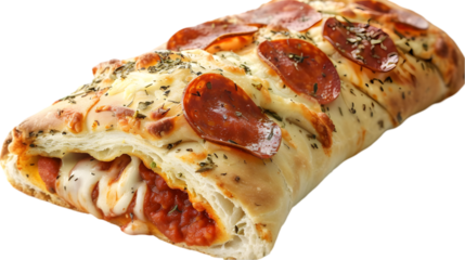  A close-up shot of a pepperoni stromboli, with the cheese oozing out and the pepperoni perfectly crispy, on a transparent background