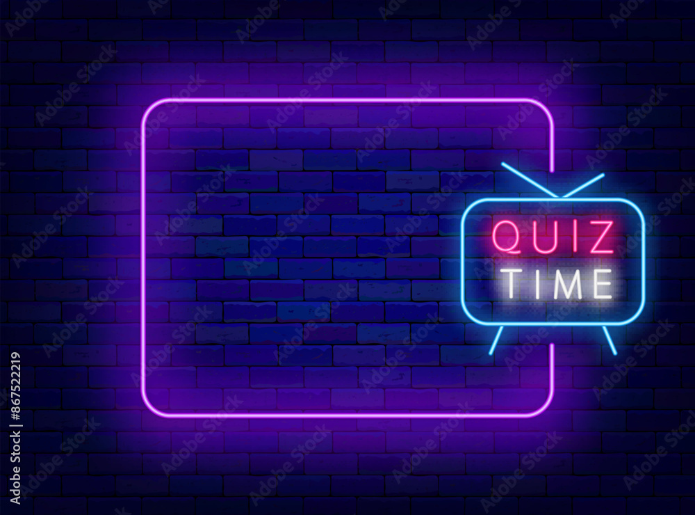 Wall mural Quiz time neon announcement. Guess song trivia night poster. Empty purple frame. Vector stock illustration - Wall murals