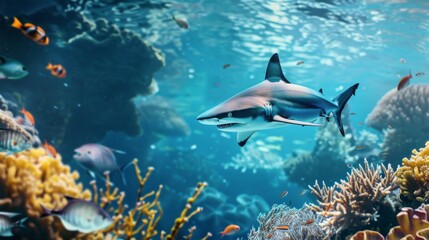 Fototapeta premium A thrilling image of a shark navigating through a vibrant and thriving coral reef teeming with various fish and marine organisms, highlighting the diverse underwater life.