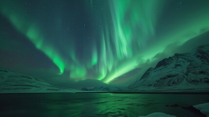 Naklejka premium The ethereal glow of the aurora borealis in the night sky is a spectacular natural phenomenon that captivates and inspires awe.
