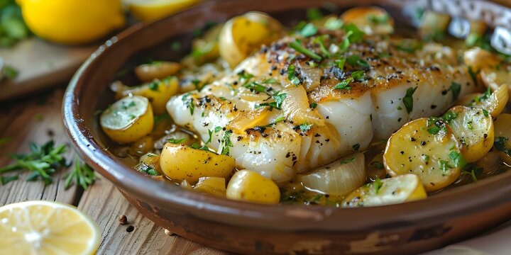 Closeup of Bacalhau Gomes de Sa dish with salt cod onions and potatoes. Concept Portuguese cuisine, Bacalhau Gomes de Sa, Seafood recipe, Authentic Portuguese dish