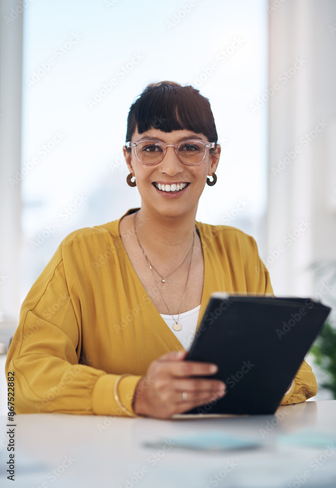 Poster desk, portrait and woman with tablet in office for internet, research and digital feedback on email.