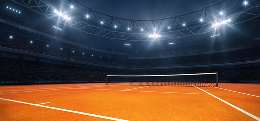 Modern sport stadium at night and clay tennis court ready for the match. Sports background as 3D illustration in horizontal format for advertising. © LeArchitecto
