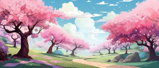Enchanting Cherry Blossom Pathway. Serene Anime Landscape