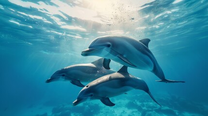 Obraz premium Three dolphins gracefully gliding through the tranquil underwater world, illuminated by soft sunlight filtering through the crystal-clear waters of the ocean.