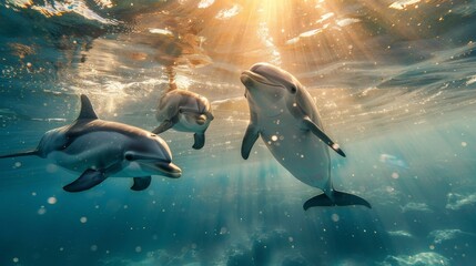 Obraz premium Three dolphins joyfully swimming underwater with golden sun rays penetrating the ocean surface, highlighting the beauty and clarity of the marine environment.