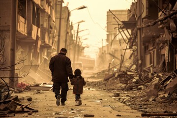 Fototapeta premium Father and Daughter Walking Through Destroyed City Street