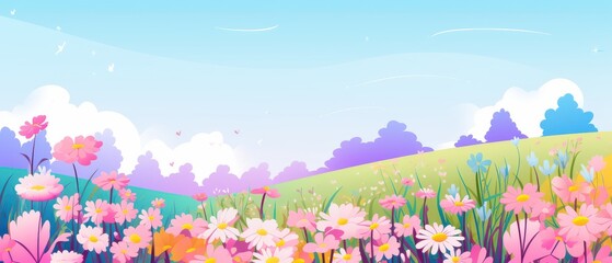 Fototapeta premium Scenic Spring Landscape with Blooming Wildflowers, Colorful cartoon drawing of meadows, hills and blue skies, perfect for nature or seasonal themes.