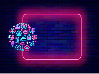 Summer party and sale neon announcement. Circle layout with season icons. Shiny holiday promotion. Vector illustration